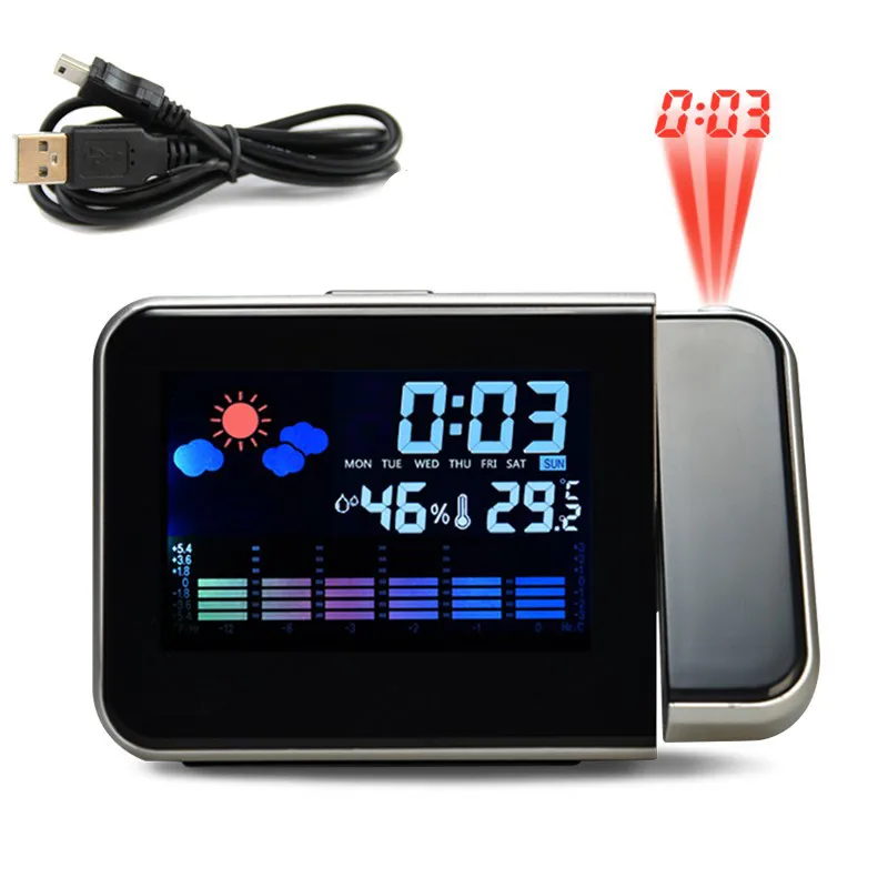 Проекционный Будильник Повтор цифровые часы с метеостанцией термометр Дата дисплей USB зарядное устройство Проекционные настенные часы - Цвет: style B black