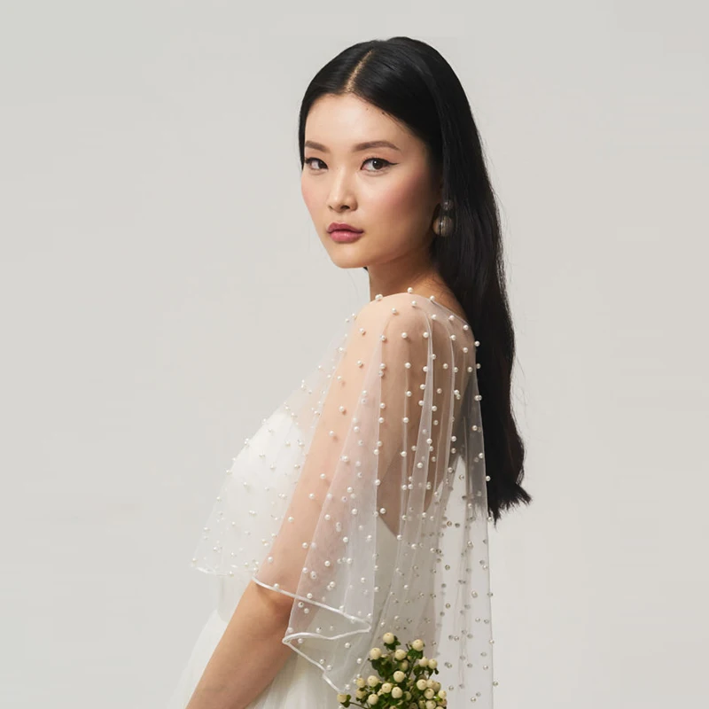 YouLaPan G27 Pearls Bridal Cape Cloak Cover over the Shoulder Wedding Shawl Short Front Long Back Elegant DIY Wedding Shawl