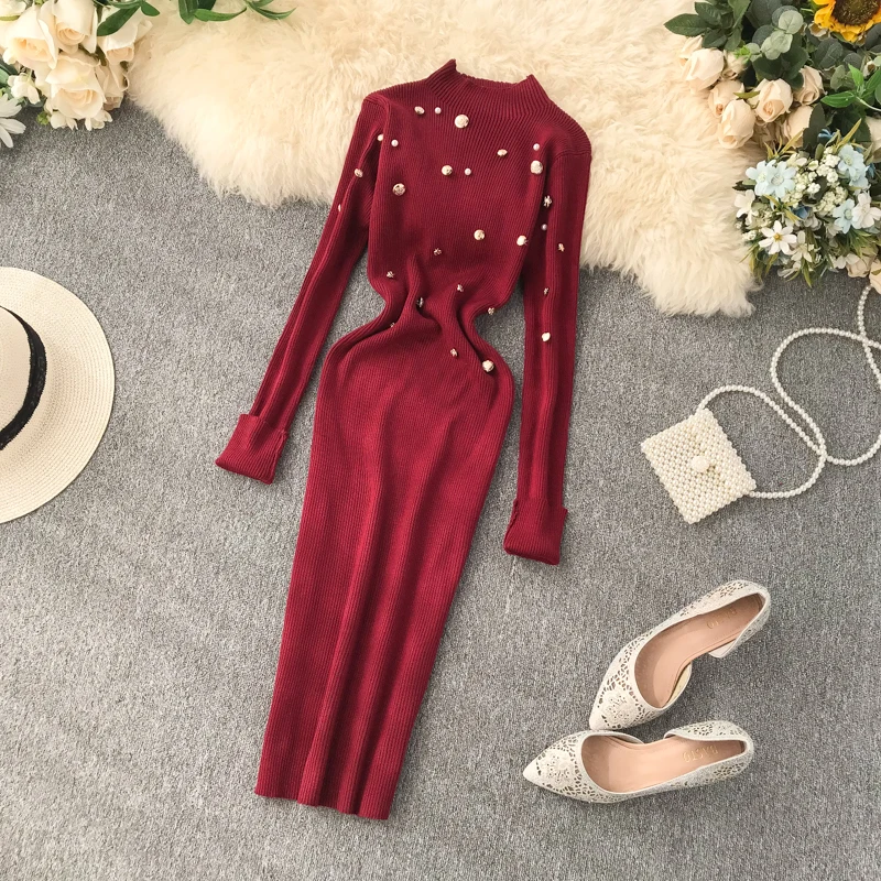 

Retro 2019 Autumn Winter New Korean Slim Knitted Package Hip Sweater Dress Women Button Long Sleeve Vestidos K018
