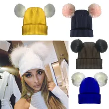 Модная женская теплая вязаная шапка, Осень-зима, шапки с двойными помпонами, Детская шерстяная шапка с крученым шерстяным помпоном, Детская вязаная эластичная шапка