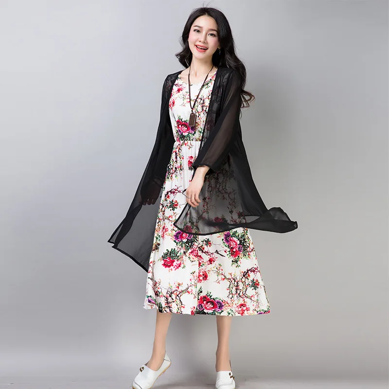 

2018 New Style Two-Piece Set Summer Literature And Art WOMEN'S Dress Mid-length Printted Waistcoat Dress + Sun-resistant Waipi