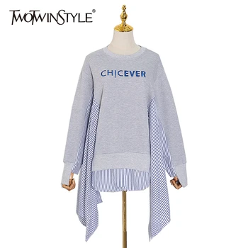 

TWOTWINSTYLE Embroidery Hit Color Sweatshirts For Women O Neck Long Sleeve Patchwork Striped Sweatshirt Female 2020 Spring New