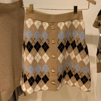 

Women Mini Skirt Knitted Slim Rhombus Plaid Knit Skirts with Buttons