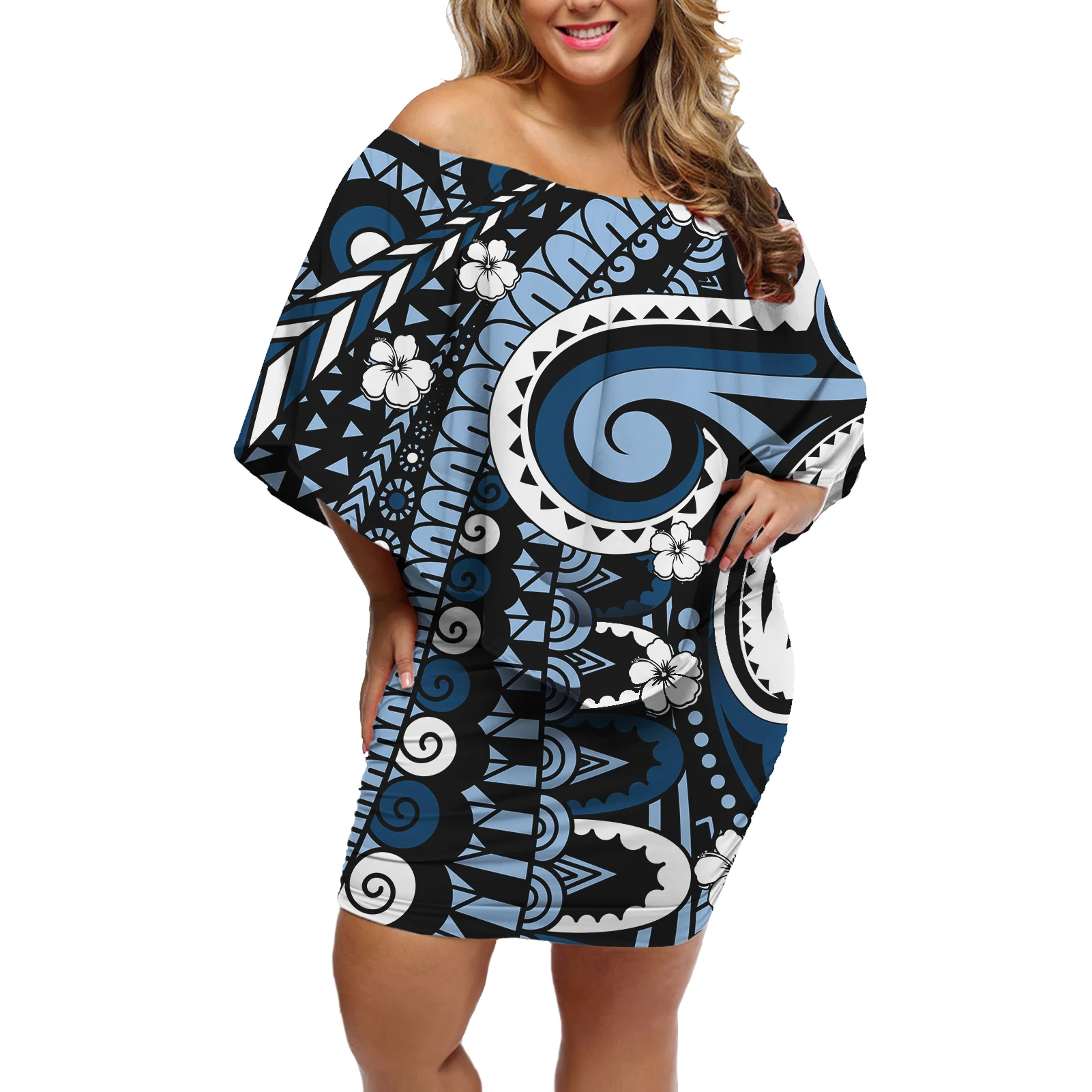 

Plus Size Off Shoulder Bat Sleeves Buttocks Dress 2022 New Women Dress Polynesian Traditional Tribes Hibiscus Printing Clothing