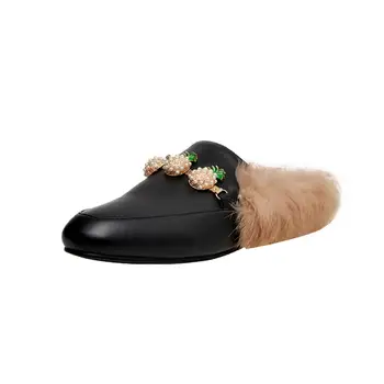 

Autumn winter new women Muller shoes leather fabric warm rabbit fur fashion metal chain decoration comfortable women slippers