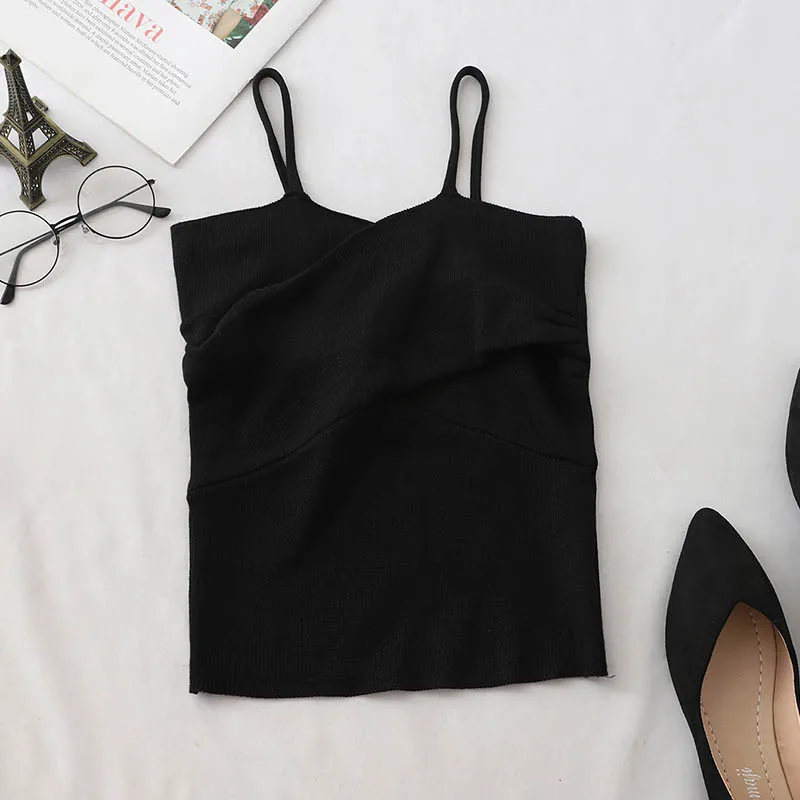 BLACK HELIAR Вязание завязанный грудь полосатый спагетти Camis Лето Женский Короткий Топ жилет Женский Уличная Camis для женщин - Цвет: BLACK