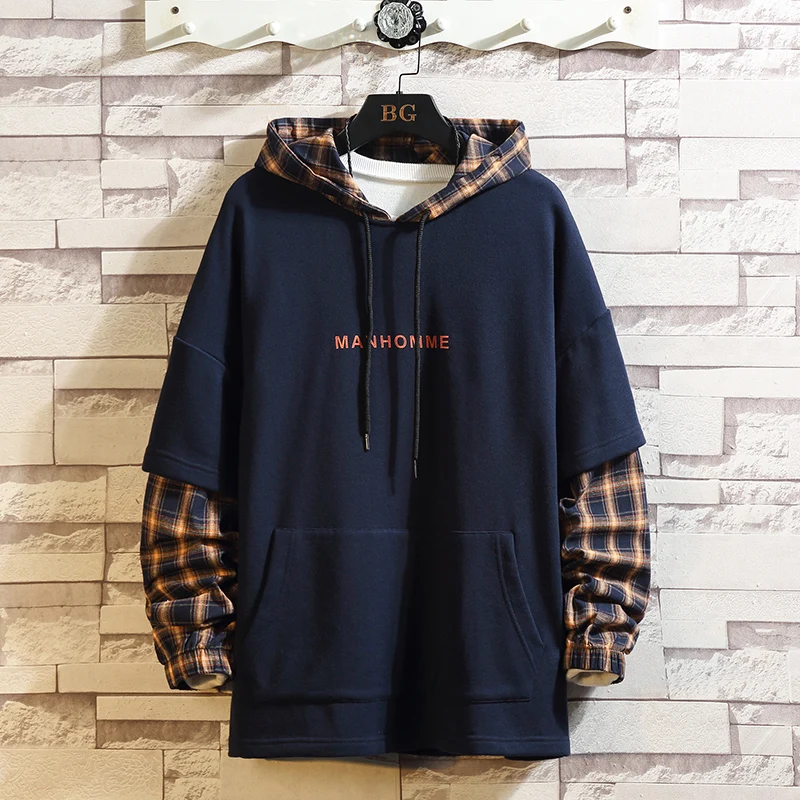 

Patchwork Pullovers Men Casual Wear Hoodie Plaid Men Streetwear Fleece Jacket Sweatshirt Autumn Winter Coat Large size M-5XL