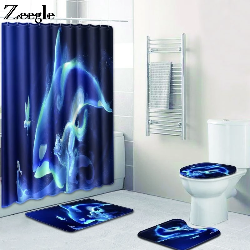 Zeegle Bath Mat Set Anti Slip Toilet Seat Cover Absorbent Toilet Pedestal Rug Foot Mat Waterproof Bathroom Curtain Toilet Set