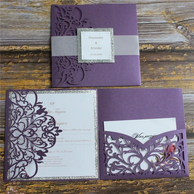 

Wedding Invitations Flower Laser Cutting Tri-Fold Pocket With Glitter Silver Belly Band Personalized Printing