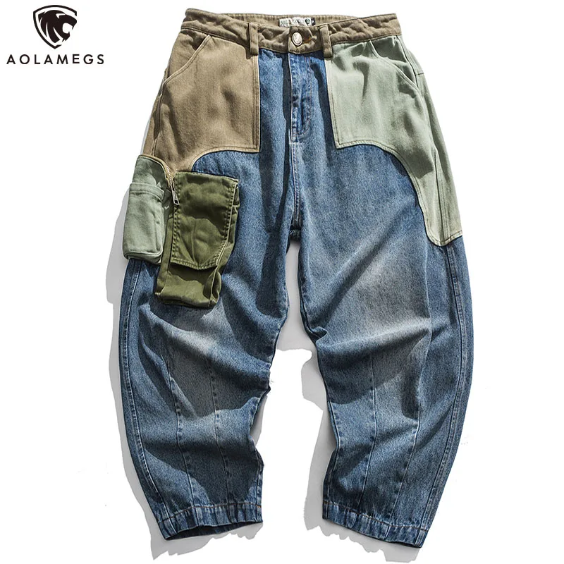 Aolamegs Jeans Men Patchwork Multi-Pocket Denim Pants Beggar Style Japanese Retro Jeans Autumn High Street Casual Men Streetwear Aolamegs Jeans Men Patchwork Multi-Pocket Denim Pants Beggar Style Japanese Retro Jeans Autumn High Street Casual Men Streetwear
