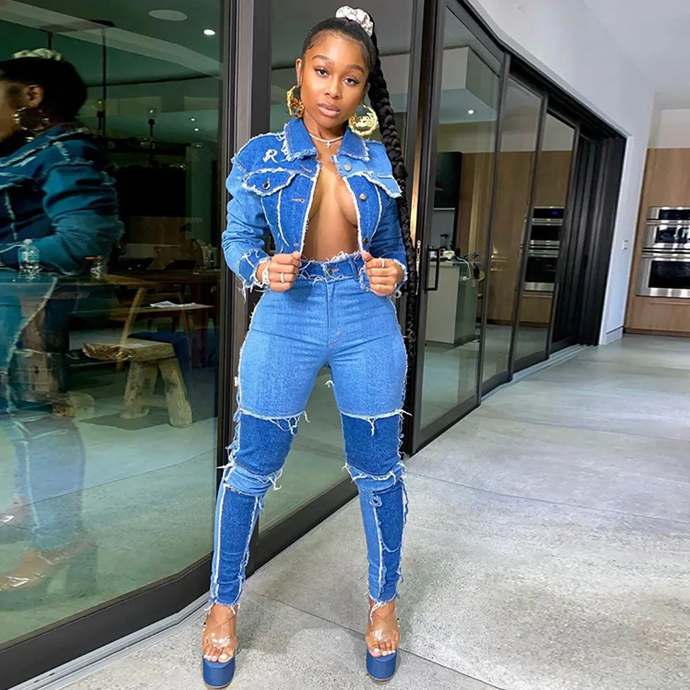 

Autumn Winter Denim Two Piece Set Women Long Sleeve Jacket Top Pencil Pants Jeans Suit Pocket Streetwear Patchwork Matching Sets