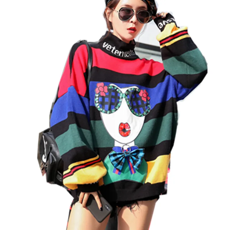 

Women Knit Pullover Sweater Strip Rainbow 3D Cartoon Sequined Turtleneck Plus Size Female 2019 Autumn Winter Knitwear Streetwear