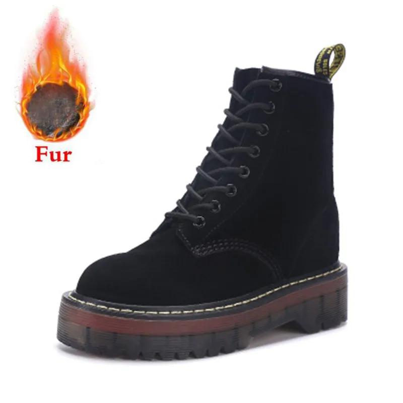 dull polish with fur Осенне-зимние ботинки на платформе и толстом каблуке; модные кожаные ботинки на меху с круглым носком на шнуровке; женская обувь; женские ботинки; ботильоны; botas mujer - Цвет: dull polish with fur