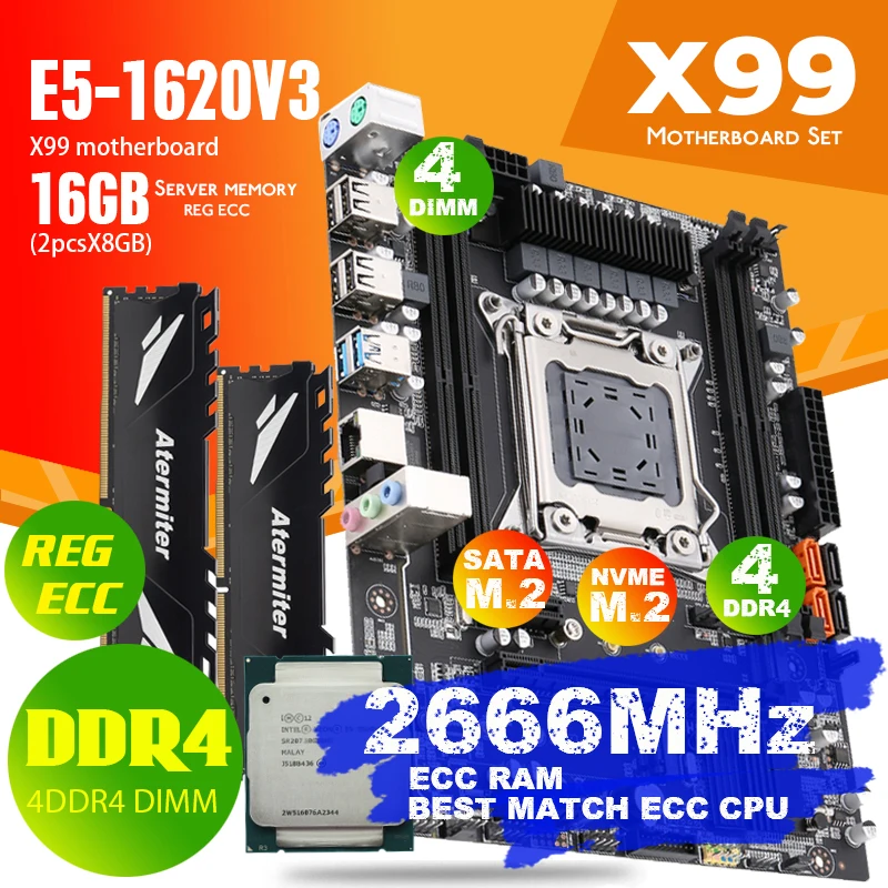 Atermiter X99 D4 DDR4 набор материнских плат с Ксеон E5 1620 V3 LGA2011 3 Процессор 2 шт. X 8 ГБ = 16 Гб