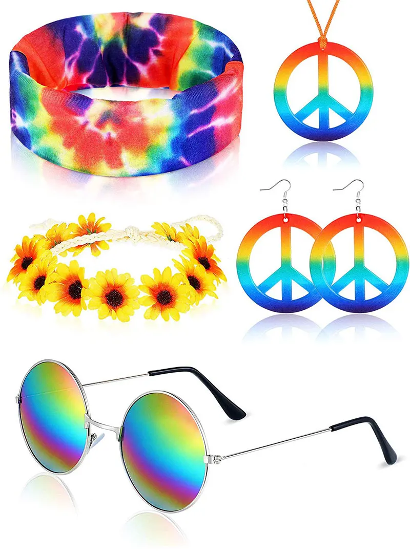 Earrings and Headband for Women and Men Sunglasses Including Peace Sign Necklace 4 Pieces Accessories Hippie Costume Set 