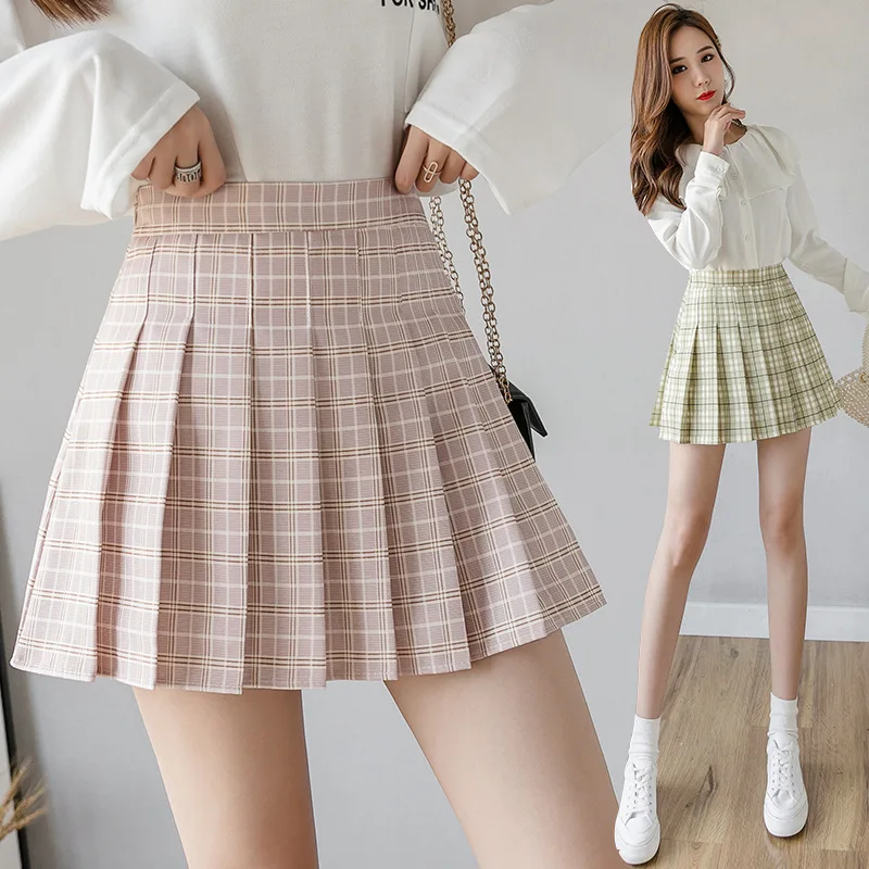 

2020 New Korean Style Harajuku Women Fashion Mini Pleated Skirts Casual Loose Plaid Skirt A-Line Skirt High Waist kawaii skirt