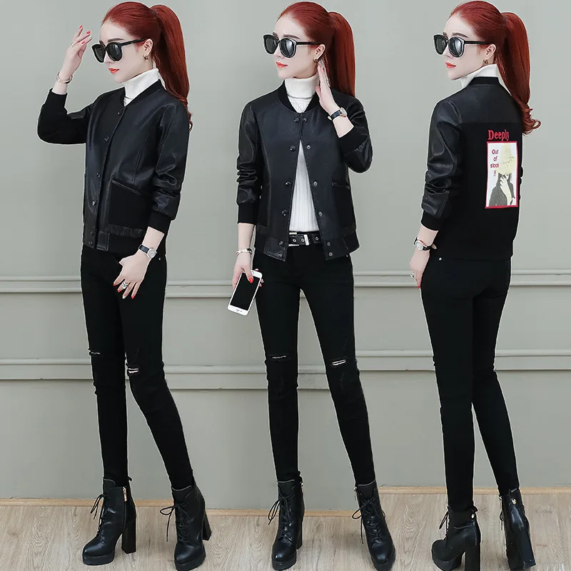

New Style Women's Fashion Coat 2019 Autumn Korean-style Simple Comfortable Beautifully Printed Cowboy Joint Leather Coat