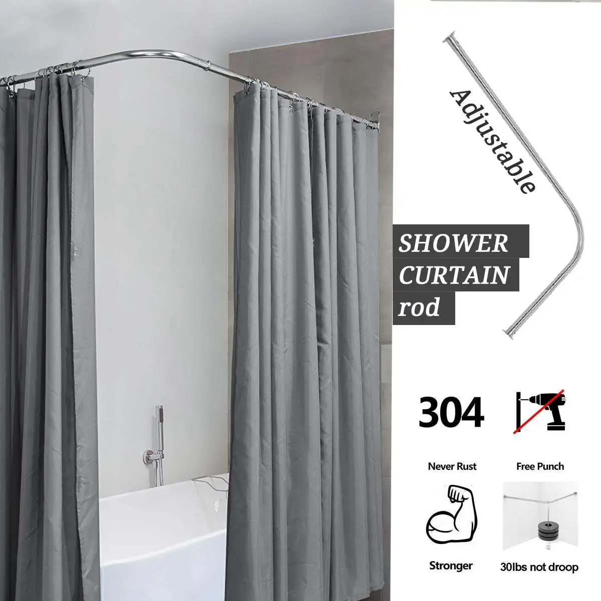 Barra curvada extensible para Cortina de ducha, postes de acero inoxidable 201 EN forma de U, sin perforación, riel para cortina de baño, 6 tamaños
