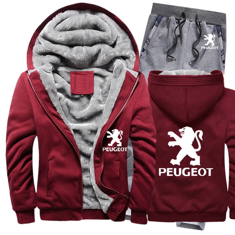 Зимняя мужская толстовка с капюшоном peugeot Car Logo, мужские толстовки с капюшоном, костюм толстый теплый флис, хлопковый спортивный костюм на молнии, мужская куртка+ штаны, комплекты из 2 предметов