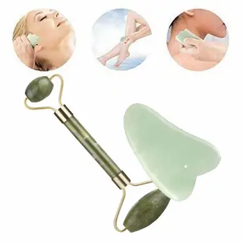 

Green Roller and Gua Sha Tools Set by Natural Jade Massager Stones and Scraper For Face Jawline with Neck Back R4X6
