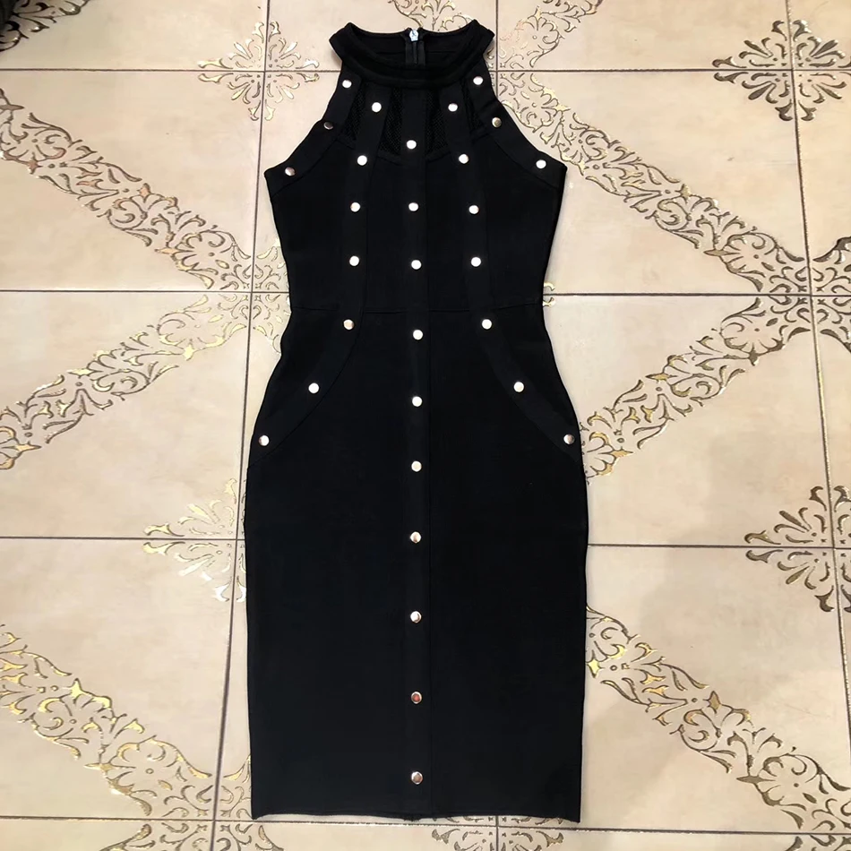 New Black Bandage Dress Ladies Autumn Club Banquet Dress Round Neck Sleeveless Olive Mesh Rivets Bodycon Club Dress - Цвет: Черный