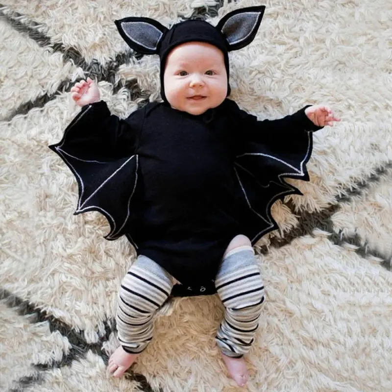 Halloween Bat Romper Hat Outfits Newborn Infant Baby Boys Girls Toddler Kids Cosplay Costume Set Clothes 0-18M
