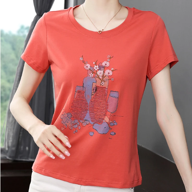 

Embroidery T-Shirt Cotton Chinese Style Cartoon Tshirt Summer Short Sleeve T Shirt Women 2022 Ladies Tops Femme Camiseta Mujer