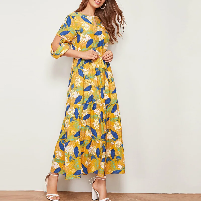 

2019 autumn new dress female fashion simple flower print loose and comfortable casual round neck dress