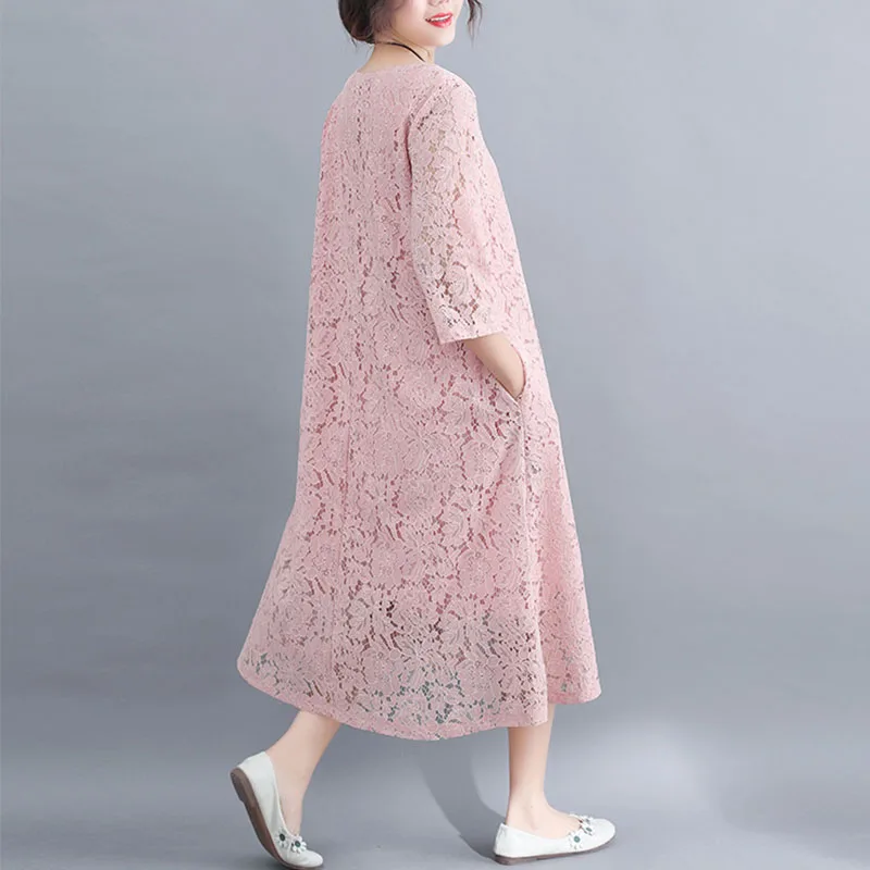 Fashion Designer Party dress Women Elegant embroidery Lace Crochet Hollow Out Loose Solid Dress vestidos Plus Size