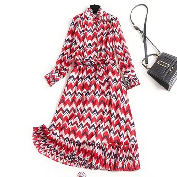 

Women geometric print chiffon dress new 2020 spring summer long sleeve sashes buttons front pleated ruffles hem dresses
