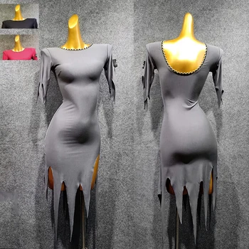 

Latin Dance Dress Women Grey Irregular Short Sleeve Exercise Clothing Adults Rumba Cha Cha Samba Tange Salsa Dancing Wear DN5206