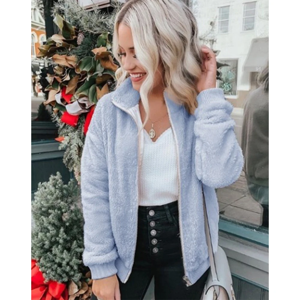 remarkable  2019 New Plush Coat Female Long-sleeved Collar Coat Winter Wild Zipper Ladies Thick Fleece Short Co
