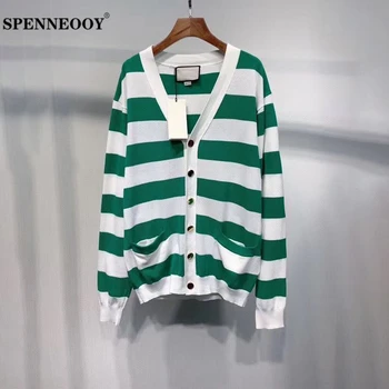

SPENNEOOY Designer Custom Runway Women Autumn Fashion Streetwear V-Neck Sweater Ladies Colorblock Striped Knitting Cardigans