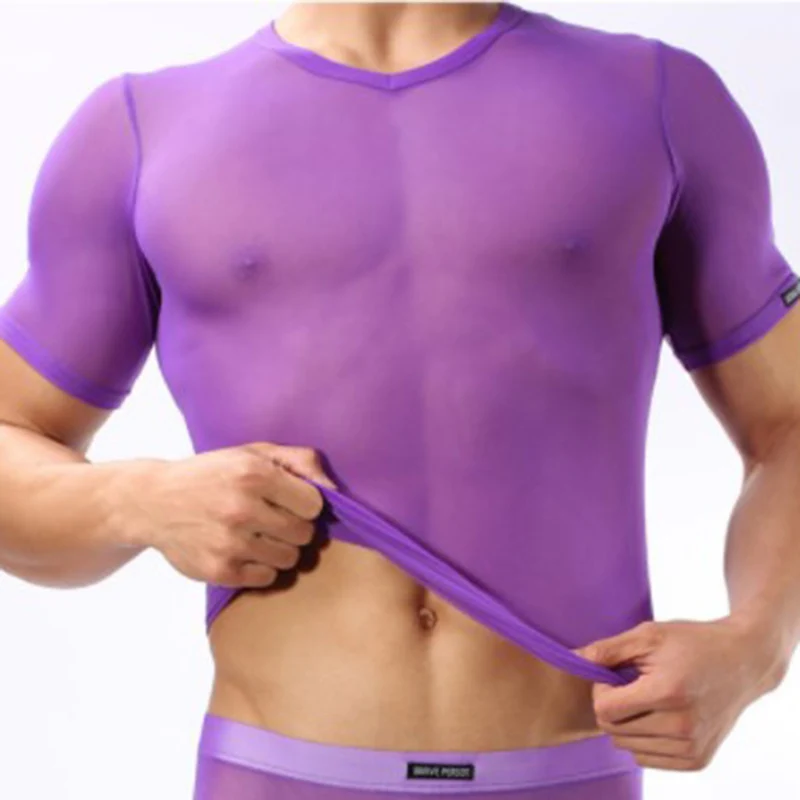 Man Undershirt Ultra-thin Transparent Shorts Sleeve T-shirts Ice Silk Gay Breathable Tops Tee Male Nightwear Sexy Sleepwear