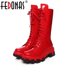 FEDONAS/; популярные Женские однотонные ботинки до середины икры из натуральной кожи; модные женские ботинки в байкерском стиле; обувь для вечеринок; женские ботинки на платформе