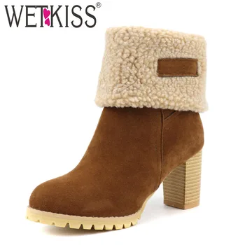 

WETKISS Flock Ankle Boots Women Snow Booties Female High Heels Ladies Round Toe Faux Fur Snow Boots Women Winter Plus Size 48