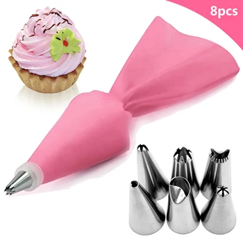 

8PCS/set Silicone Icing Piping Cream Pastry Bag + 6 Stainless Steel Cake Nozzle DIY Cake Decorating Tips Fondant Pastry Tools