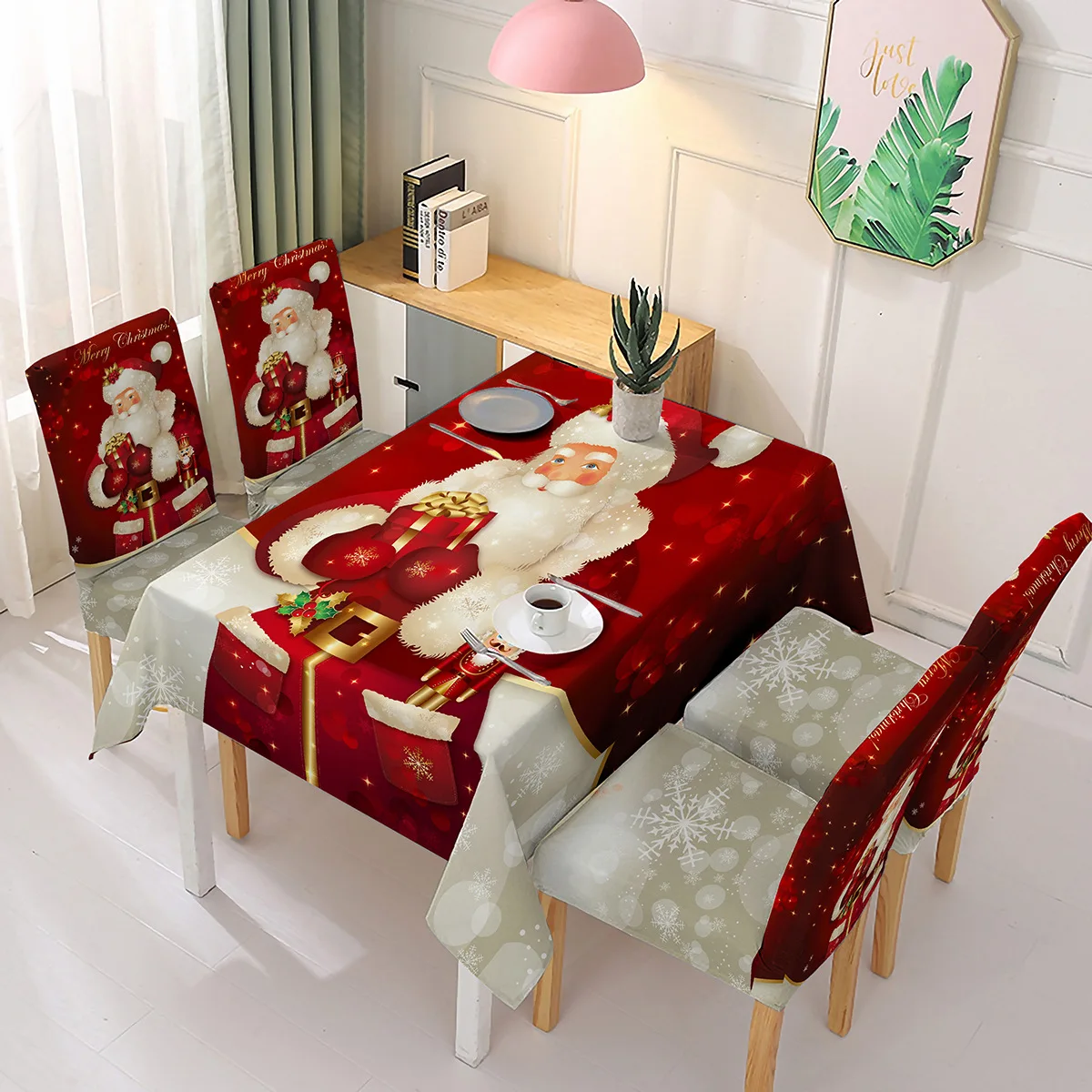 Tablecloth And Chair Covers Set Santa Printed For Christmas Decoration
