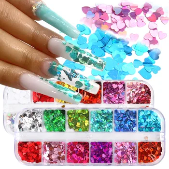 

12-grid Red Love Heart Nail Glitter Flakes Sparkly Mixed Laser Pink Gold Nail Art Sequins Paillette Manicure 3D Decor Decoration