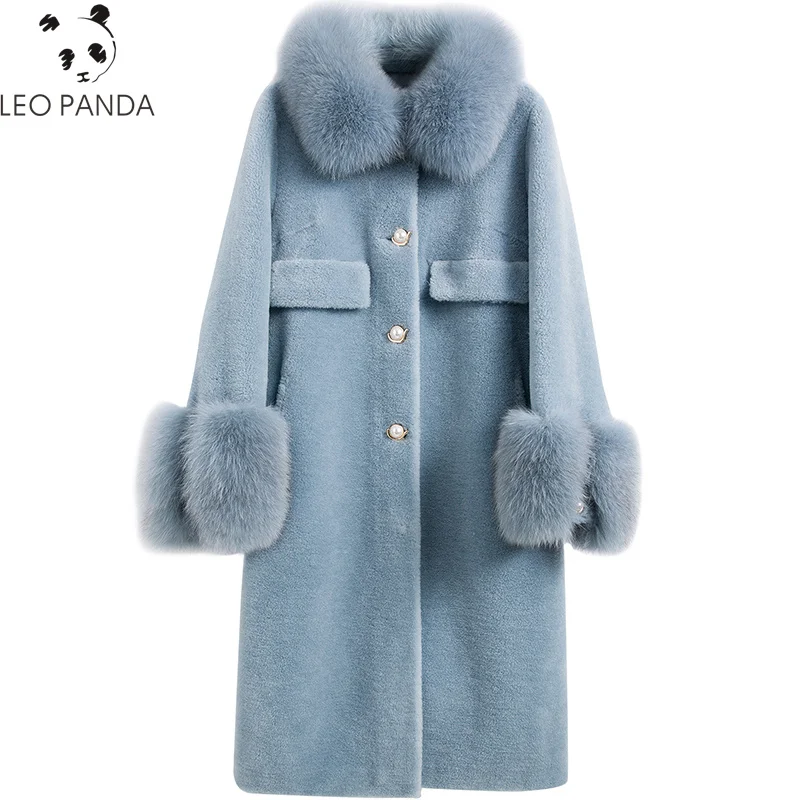 

2019 Winter Women's high quality wool Coat Natural Sheep Shearing Fur Coats Fox Fur Collar Real Wool Jackets Overcoat