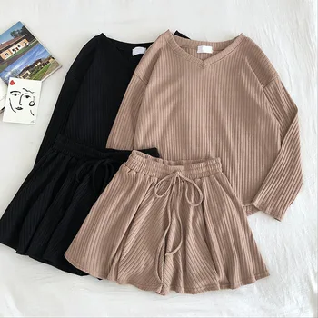 

Knitted 2 Shorts Set V Neck Think Sweater Long Sleeve T Shirt Top And Elastic Waist Wide Leg Shorts Two Piece Set Green Khkai