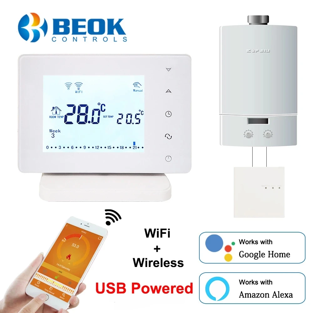 Beok-Controlador de temperatura inteligente, termostato con wifi inalámbrico alimentado por USB para caldera de gas que funciona con Alexa y Google Home