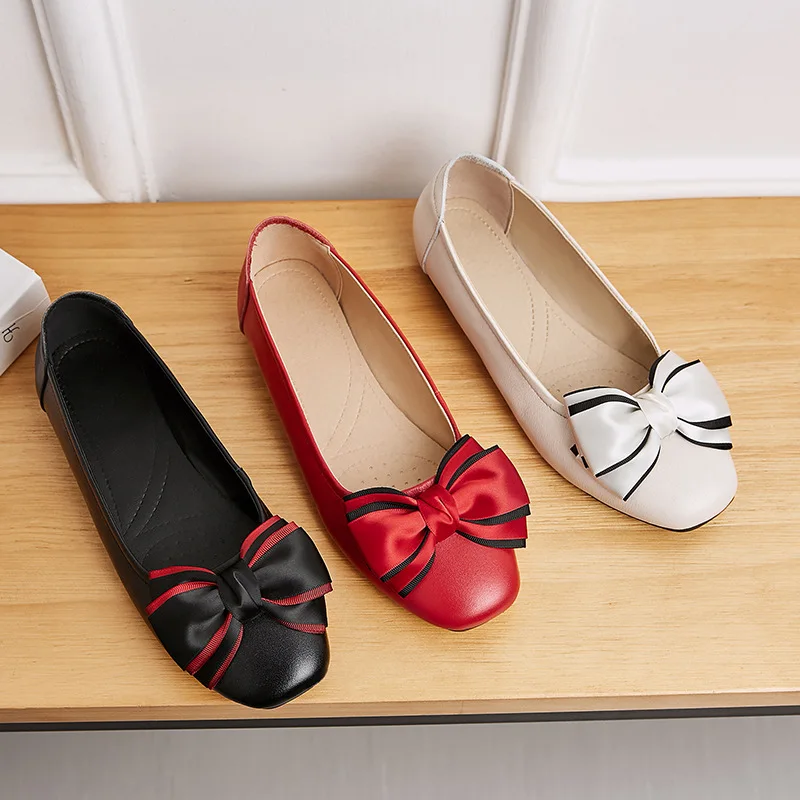 

19 Spring New Style Genuine Leather Women's Singles Leather Shoes Low Heel Slanted Heel Exquisite Bow Casual Shoes Pc9608 Plus-s