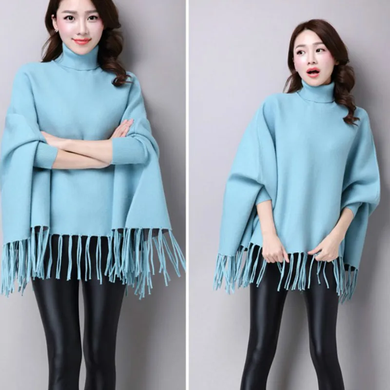 Neploe в Корейском стиле осень-зима новости свободные кисточкой свитер с высоким воротником с рукавами «летучая мышь» с накидкой; плотный пуловер вязаный свитер 45666 - Цвет: blue