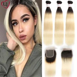 OT613 Straight Hair Bundles With 4x4 Lace Closure Brazilian Remy Human Hair Bundles With Lace Closure Ombre Blonde EUPHORIA