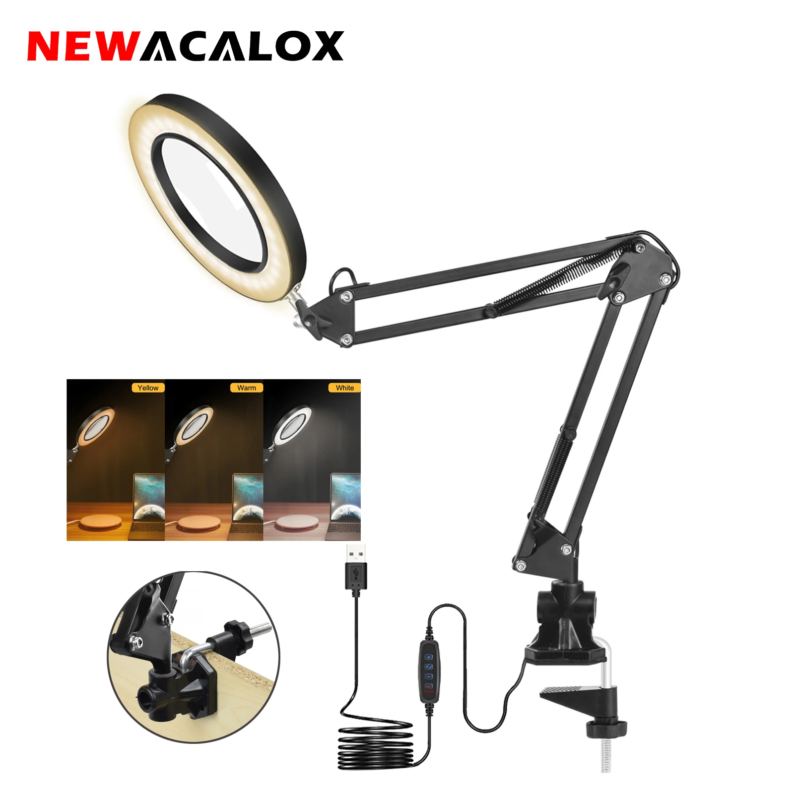 metric tape measure NEWACALOX Foldable 5X Magnifying Glass Desk Lamp 72SMD LED Lights Reading 3 Color Modes USB Power Supply Illumination Magnifier digital caliper gauge