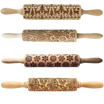 

Christmas Elk Reindeer Leaves Flowers Snowflakes DIY Embossing Rolling Pin Baking Cookies Biscuit Cake Dough Engraved Roller