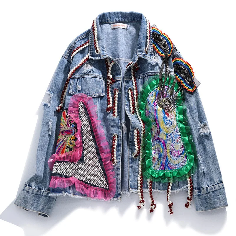 

Hip hop style Heavy industry Diamond Women Patch Lace Denim Jacket Spring Autumn Mesh Stitching Jeans Jacket Female Streetwear