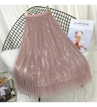 

Female High Waist Spring Summer Skirts Women Korea Long Tulle Skirt A Line Pleatd Sequined Midi Skirt 030205