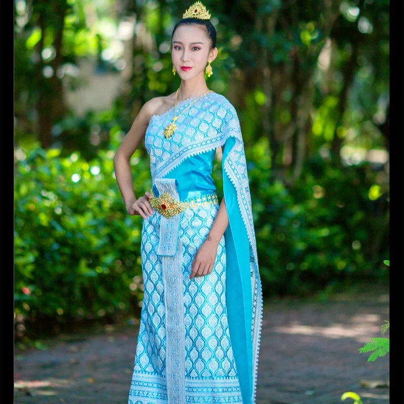

Thai Costume Classic Blue One -shoulder Tops Phasin Shawl Photography Travel Party Dress Thailand Traditional Clothing for Women